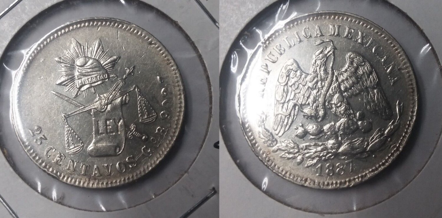1887 Go R/D Mexico silver 25 centavo-Eagle/ Snake