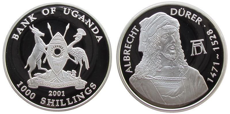 2001 Uganda Large Proof Silver 1000 Sh Durer self portrait