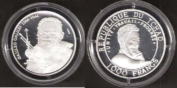 1999 Chad Large Silver Proof 1000 fr Galileo