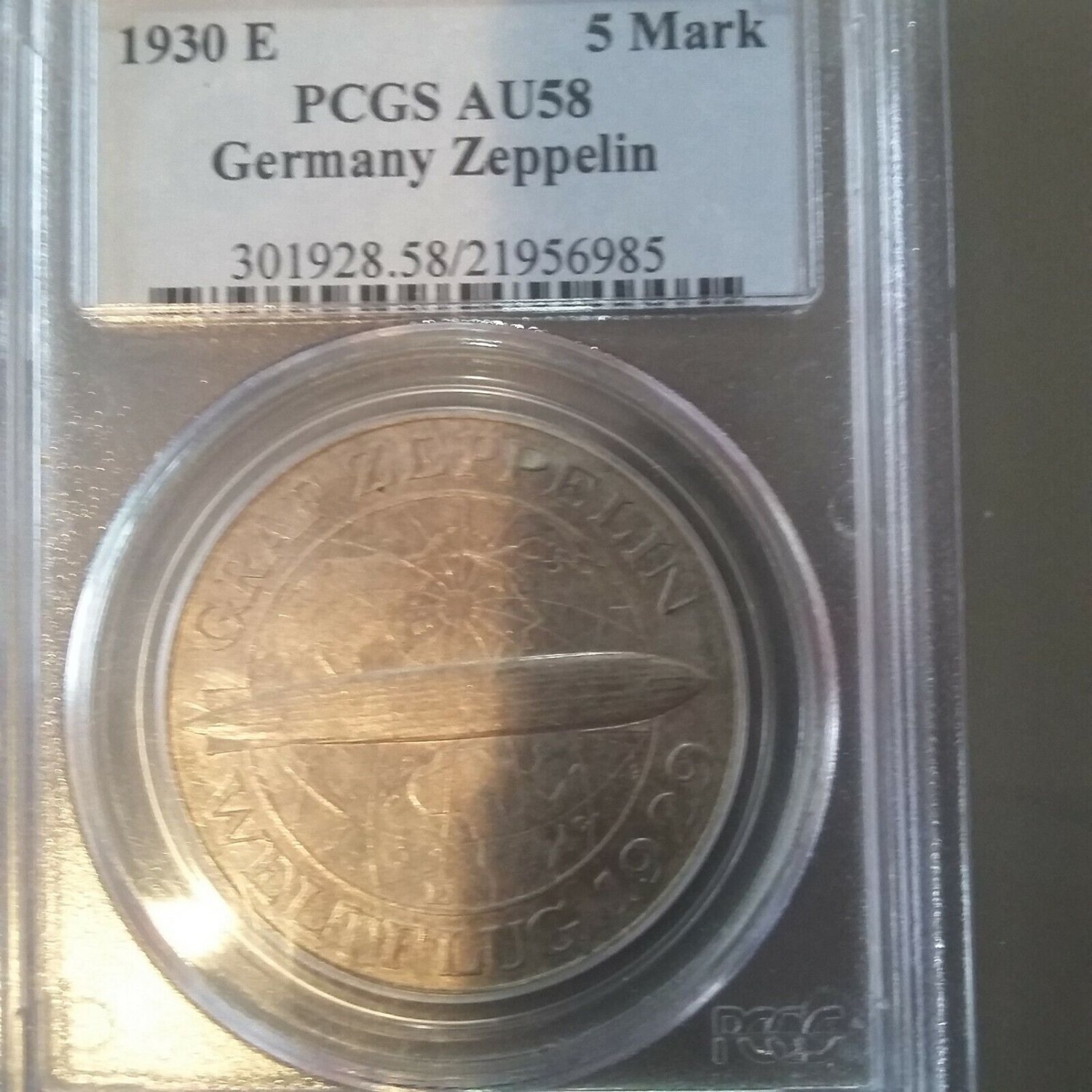 Rare 1930 E Germany Large Silver 5 marks-Zeppelin- PCGS AU 58