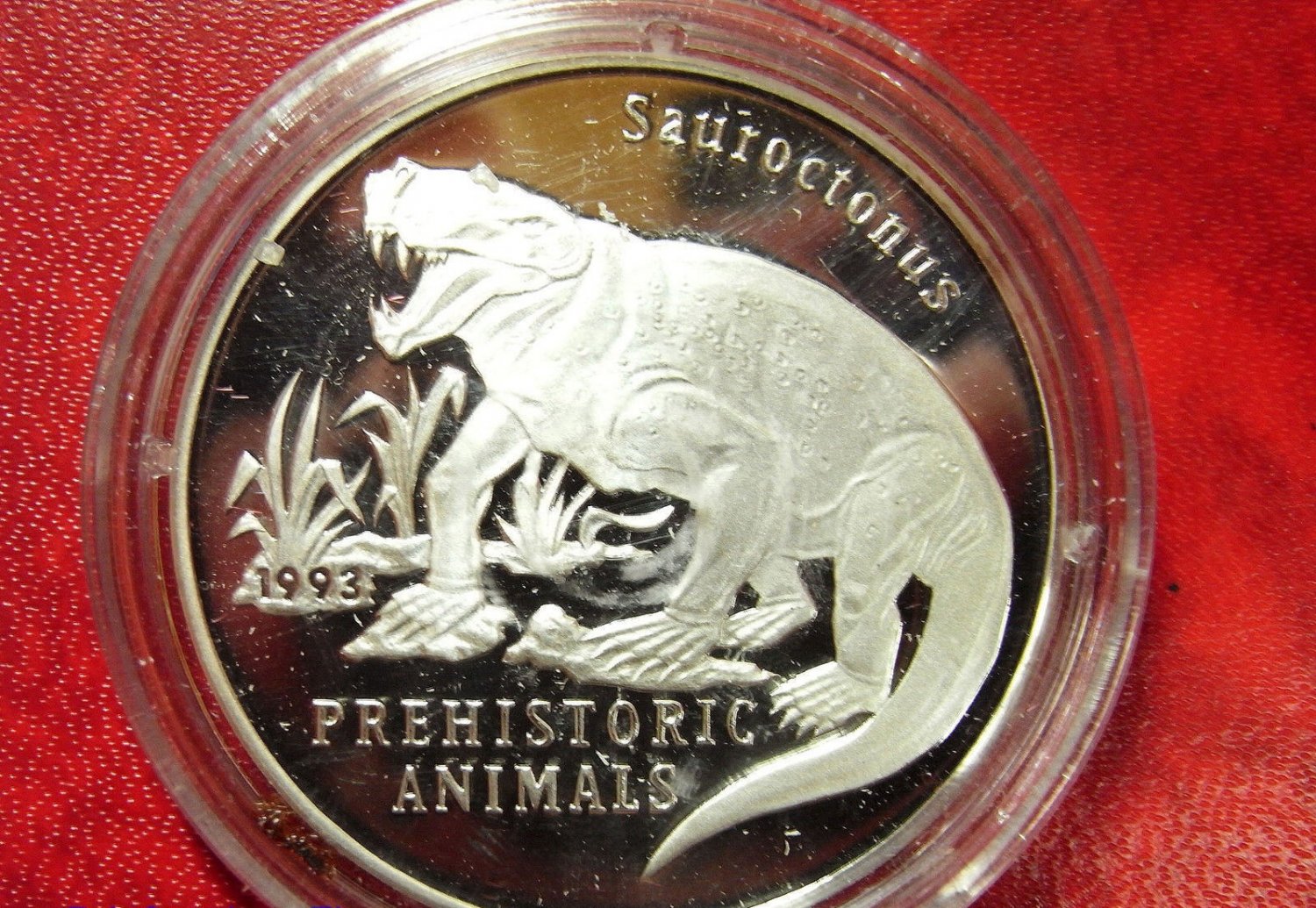 Rare 1993 Laos Large Proof Silver 50 Kip Prehistoric Animals-Sauroctonus