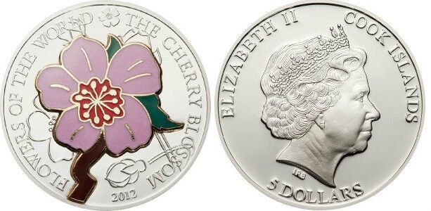 2012 Cook Is. Large Color Silver $5 Cherry Blossom flower