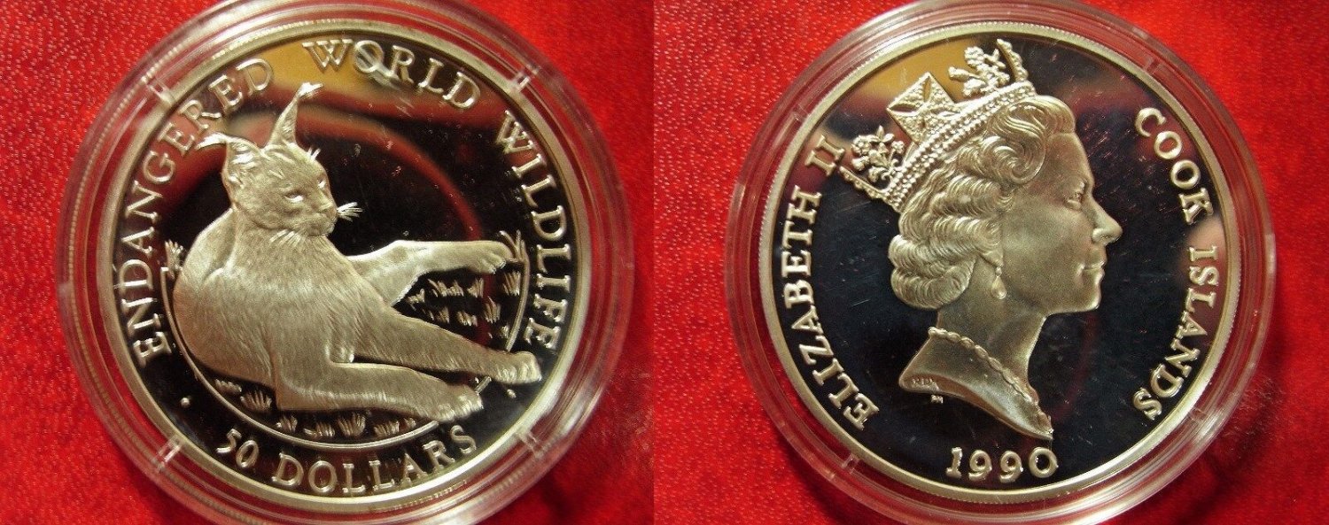1990 Cook Is Large Silver Proof  50$ Fauna Lynx