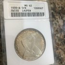 Rare 1939 SWITZERLAND Silver Laupen 5 Francs ANACS MS62