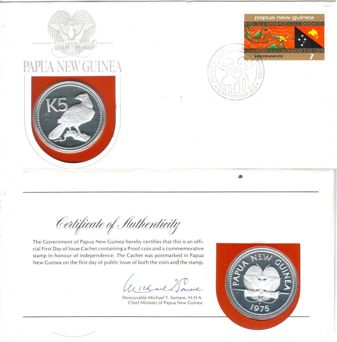 1975 Papua New Guinea Large Silver Proof $5-Birds-Eagle/paradise First Day Cover