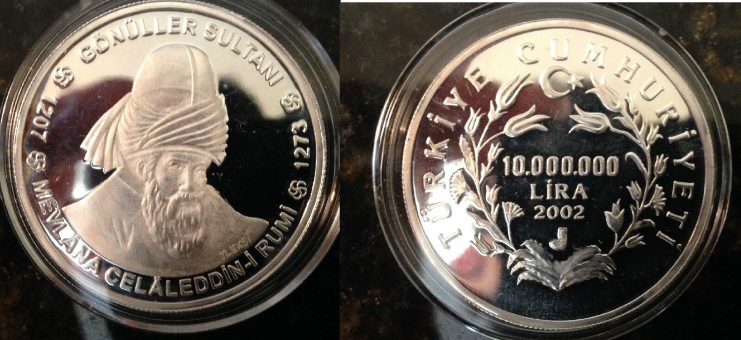 2002 Turkey Large Silver Proof 1M lira-Mevlana Celaddin Rumi-13 Cent.Saint/Poet