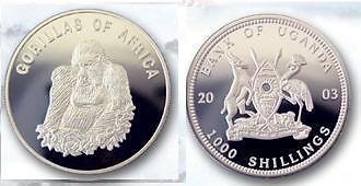 2003 Uganda Large Proof  Gorilla 1000 Sh T4