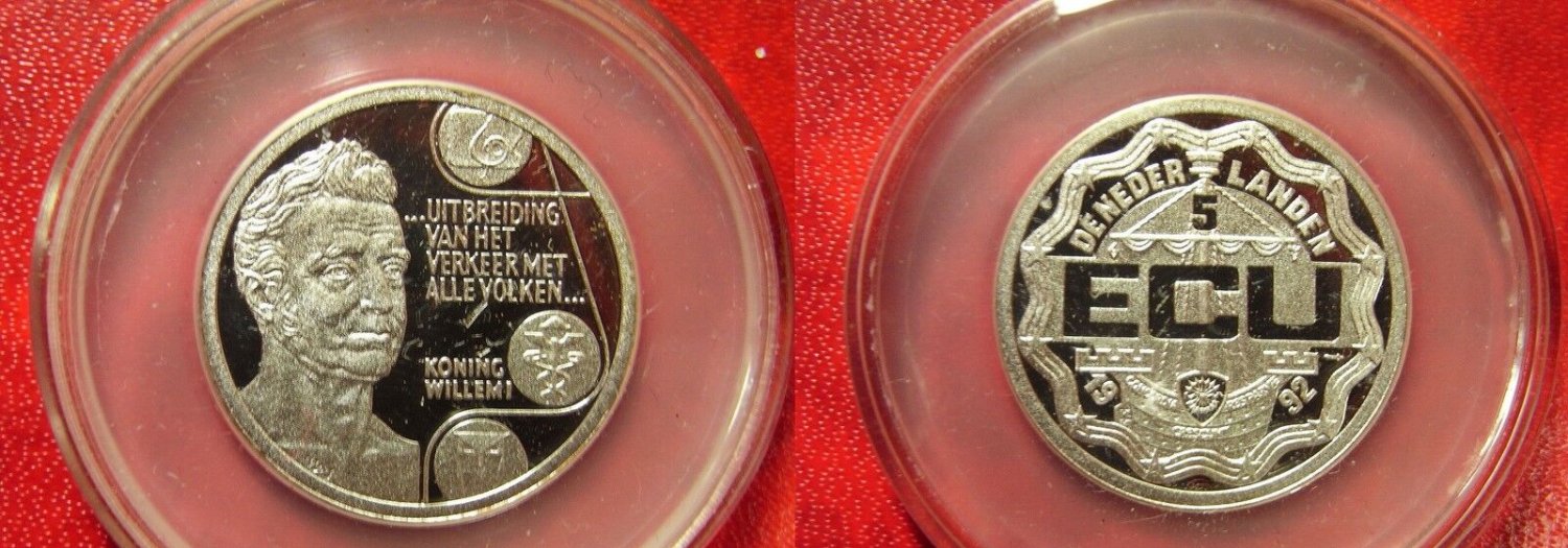 Scarce 1992 Netherlands Proof Silver King Willem 5 Ecu