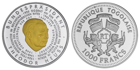 2009(nd) Togo Large Goldplated Silver Proof 1000 f Theodor Heuss