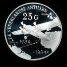 1994 Netherlands Antilles  Large Proof Silver 25 G Airplane 1934 Transatlantic