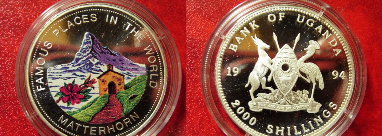 1994 Uganda Large Silver Proof Color 2000 Sh Mountain Matterhorn/Flower