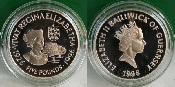1996 Guernsey Large  Silver Proof 5 Pound-Queens 70 Birthday