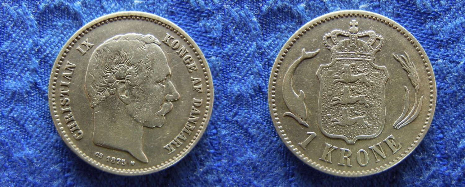 Scarce 1875 Denmark Silver 1 Krone-Dolphin/Wheat