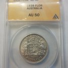 Rare 1939 Australia silver Florin ANACS AU 50