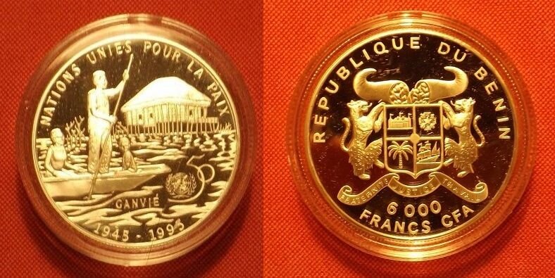 1995 Benin Large Silver Proof 6000 Francs 50 years United Nations
