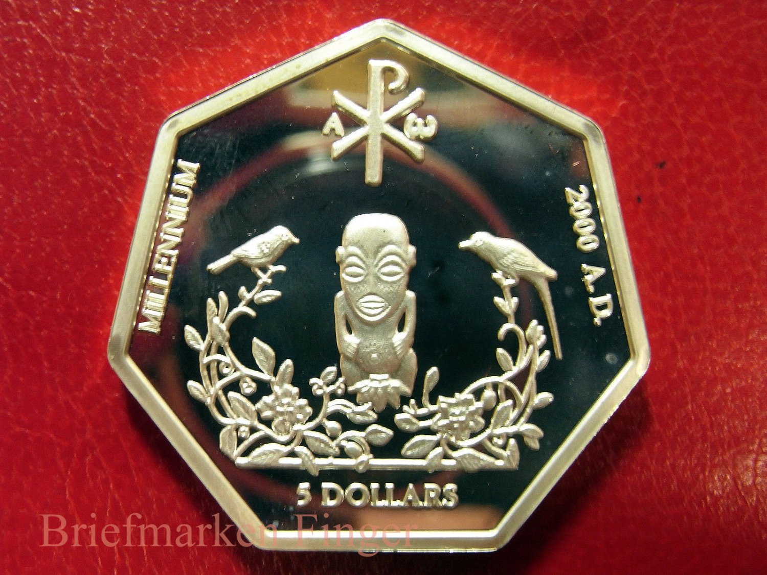 1999 Cook Is Large Silver Proof 7 sided $5 Millenium Pagan God/Birds/Christian