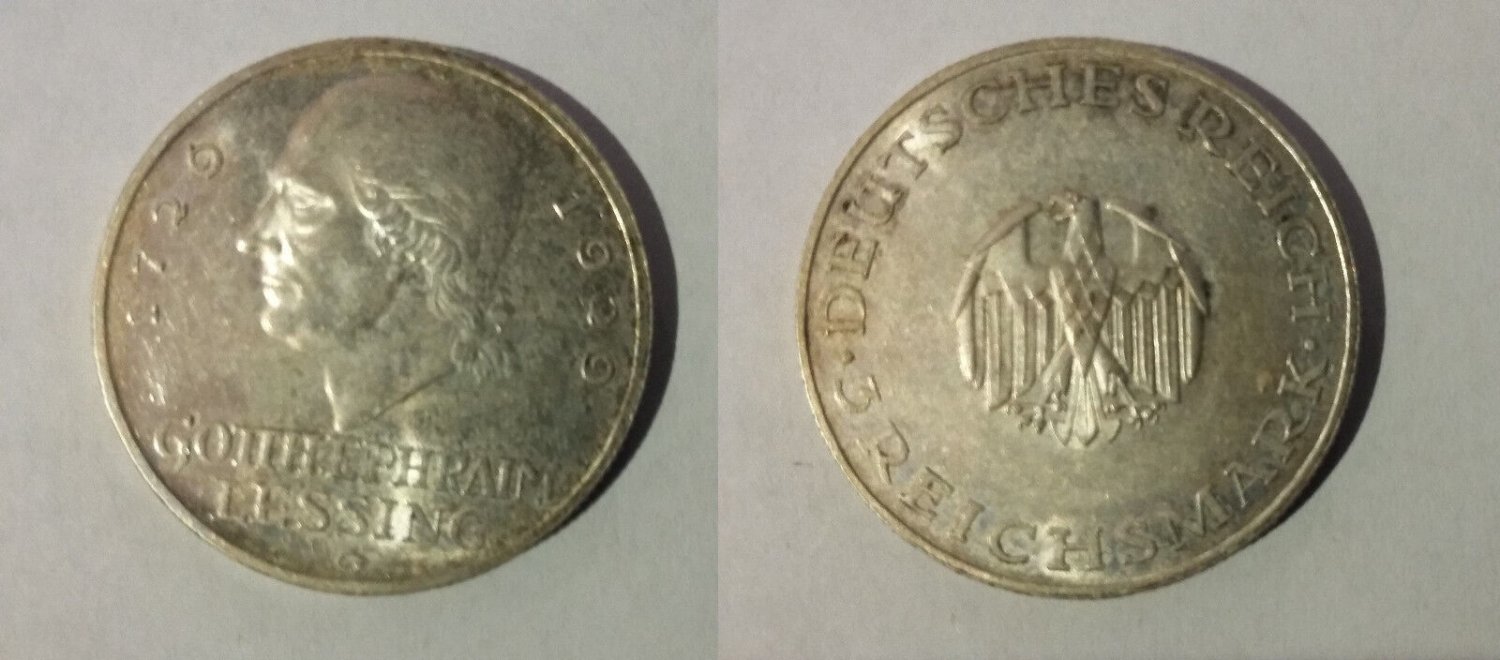 Rare 1929 G  Germany Large Silver 3 marks-Lessing- Nice