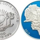 2010 Ivory Coast Large Silver Color Proof 1000 fr Continent of Hope-Elephants