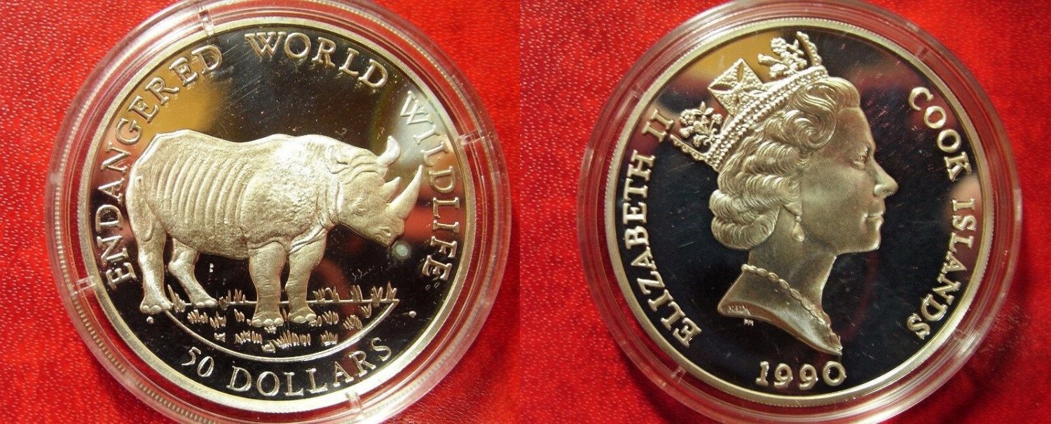 1990 Cook Is Large Silver Proof  50$ Fauna Rhino