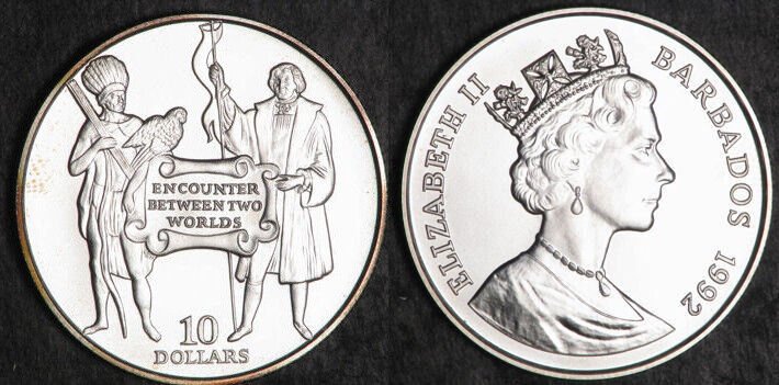 Rare 1992 Barbados Large Matte Silver $10 Columbus/Indian/Parrot