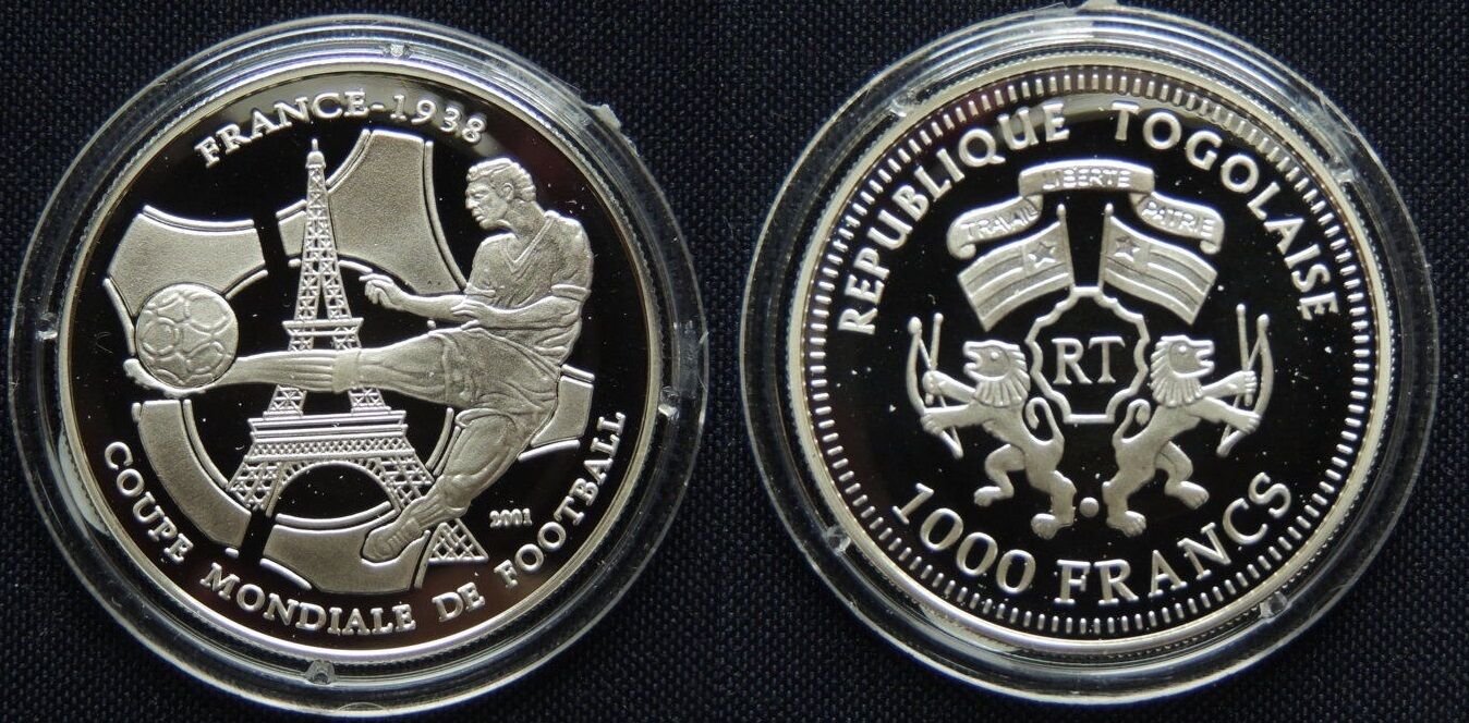 2001 Togo Large Silver Proof 1000 fr Soccer-Eiffel Tower-France-1938 World Cup