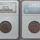 Great Britain 1908 Half Penny,NGC MS 63