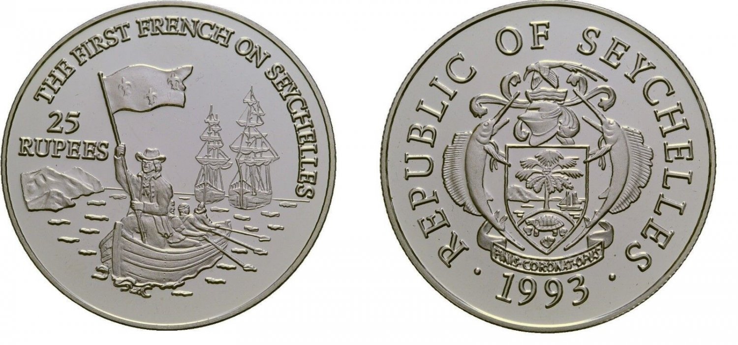 1993 Seychelles Large Proof Silver  25 Rupees First French/Sailing ship