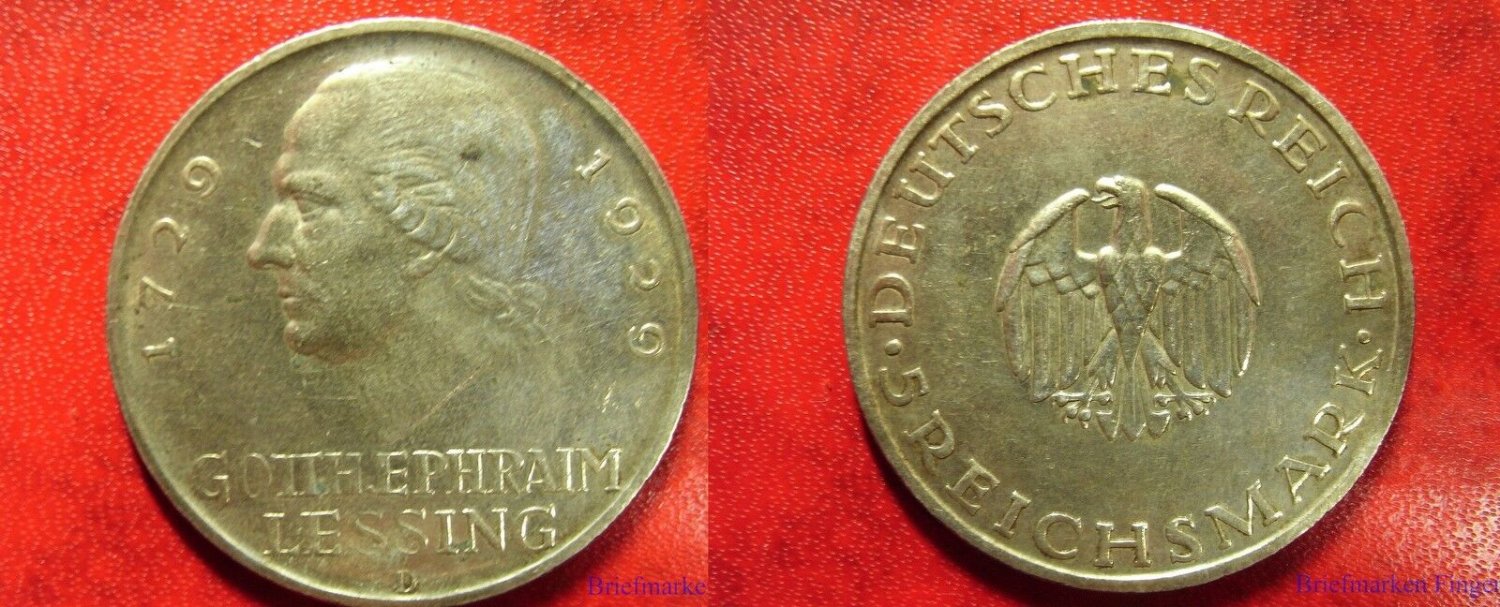 Rare 1929 D  Germany Large Silver 5 marks-Lessing