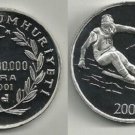 2001 Turkey Large Silver Proof 1000000 lira Winter Olympics Downhill Skier