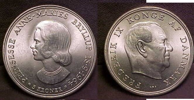 1964 Denmark Large Silver 5 Kroner Princess Wedding