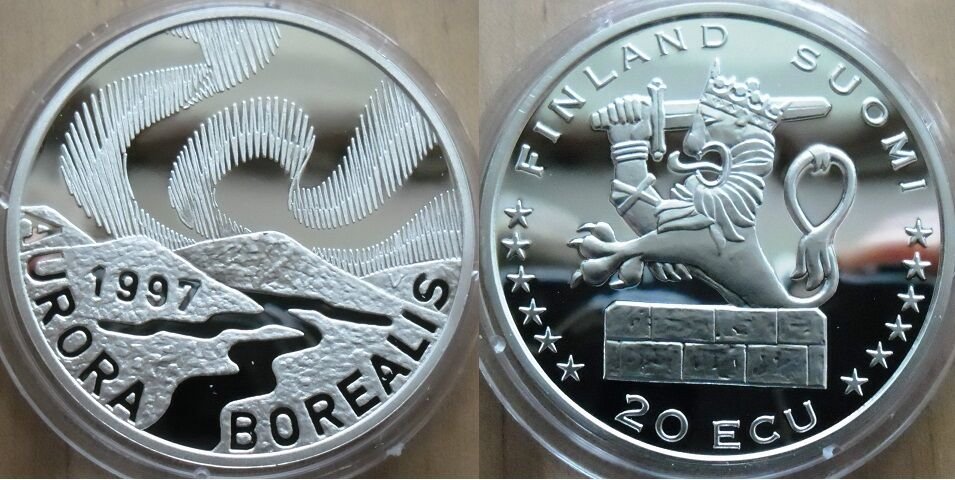 1997 Finland Large Proof silver 20 Ecu- Aurora Borealis