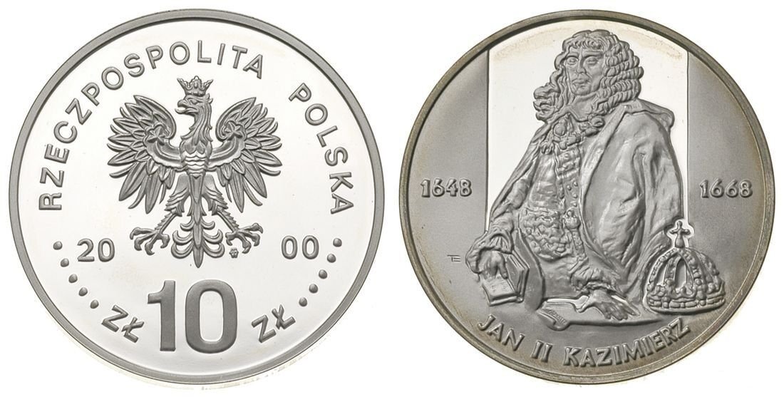 Rare 2000 Poland Silver Proof 10 ZL King Jan II Kazimierz half figure