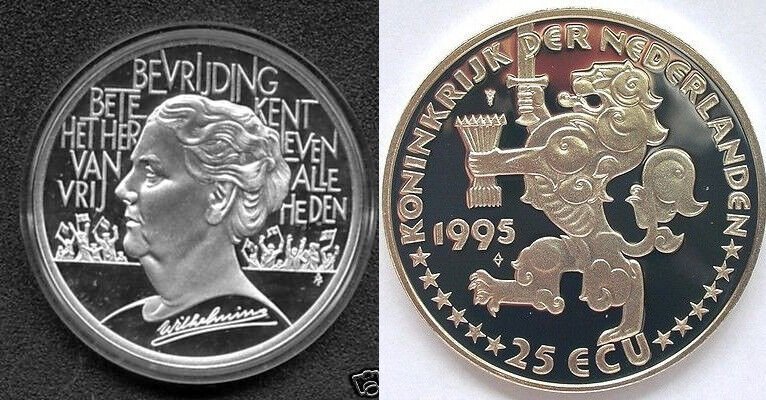 1995 Netherlands Large Proof Silver 25 Ecu Wilhelmina