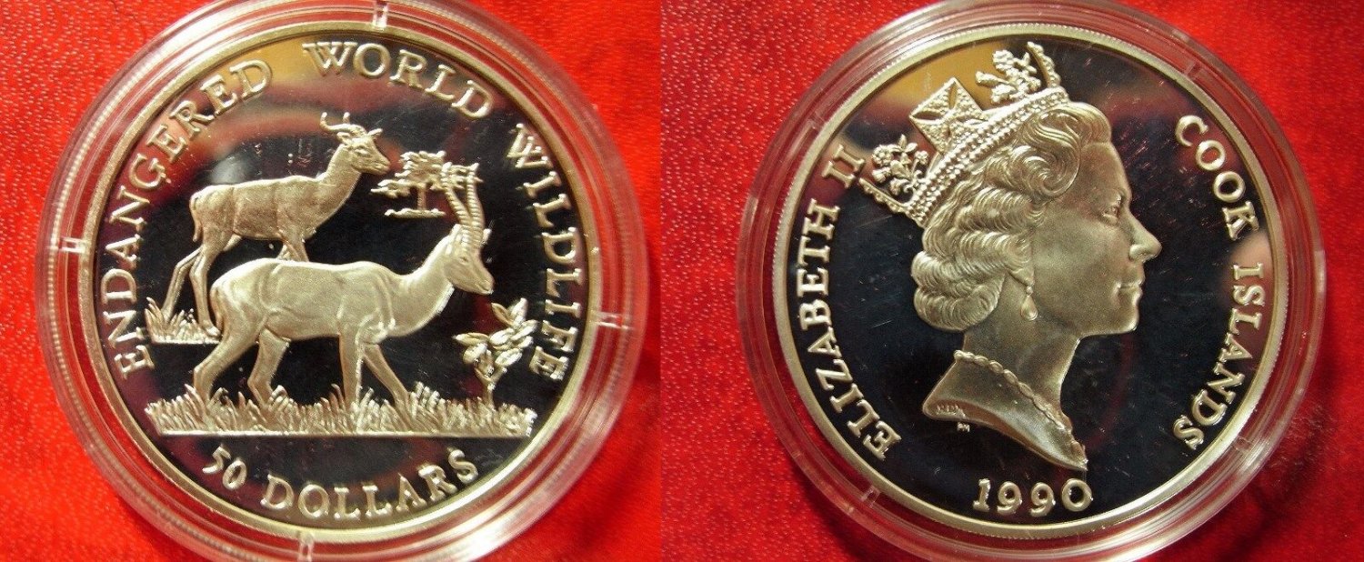 1990 Cook Is Large Silver Proof  50$ Fauna Gazelle
