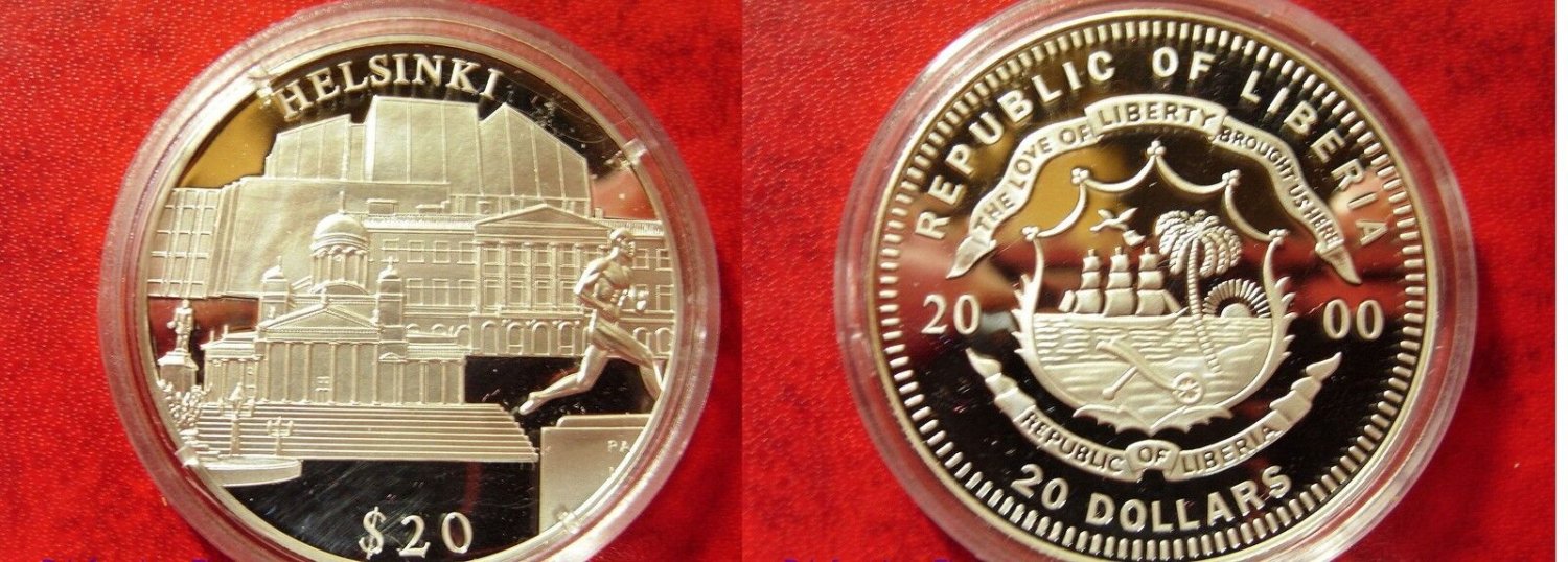 2000 Liberia Large Silver Proof $20 World Capitals- Helsinki