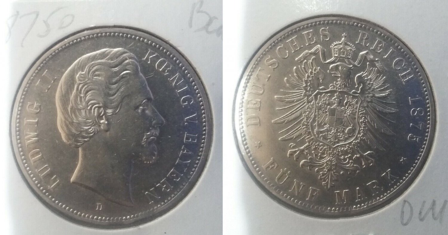 Bavaria 1875 (Germany) silver 5 Mark, NICE