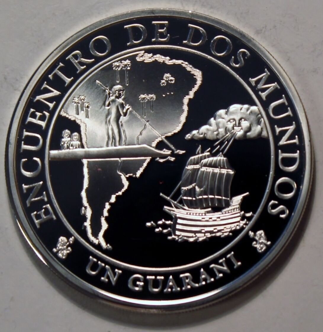2002 Paraguay Large Proof Silver 1 Guarani Meeting of 2 worlds-Iberoamerican