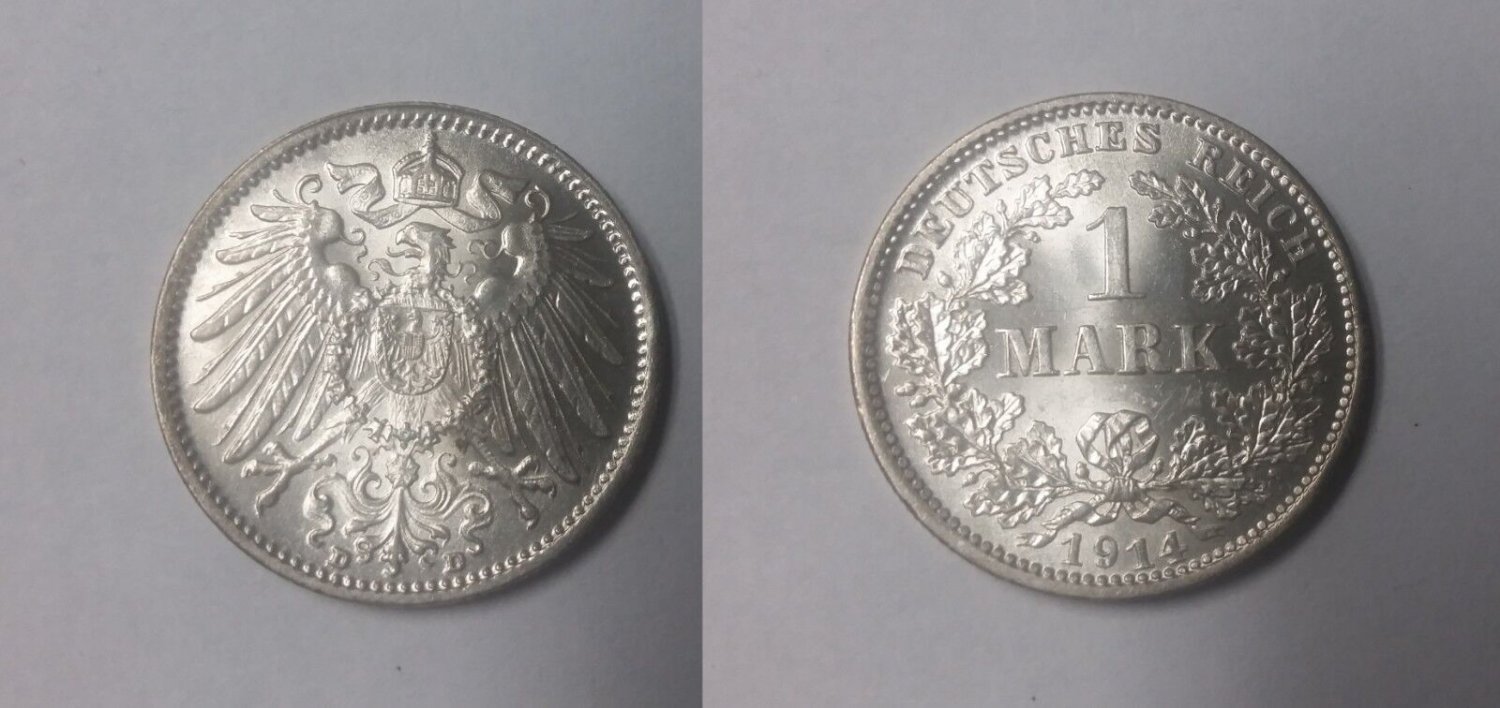 1914 D Germany Silver 1 Mark- WWI start-  nice BU