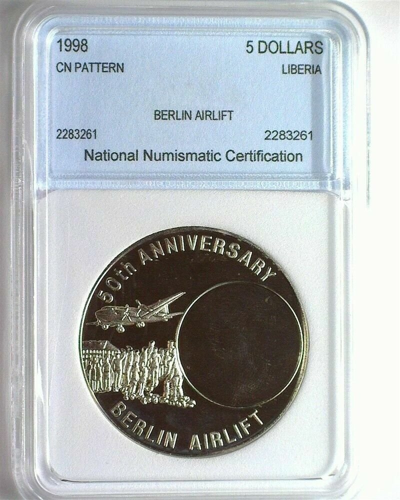 Rare Liberia 1998 Proof $5 pattern(Proba)- Berlin Airlift 50 years, slabbed