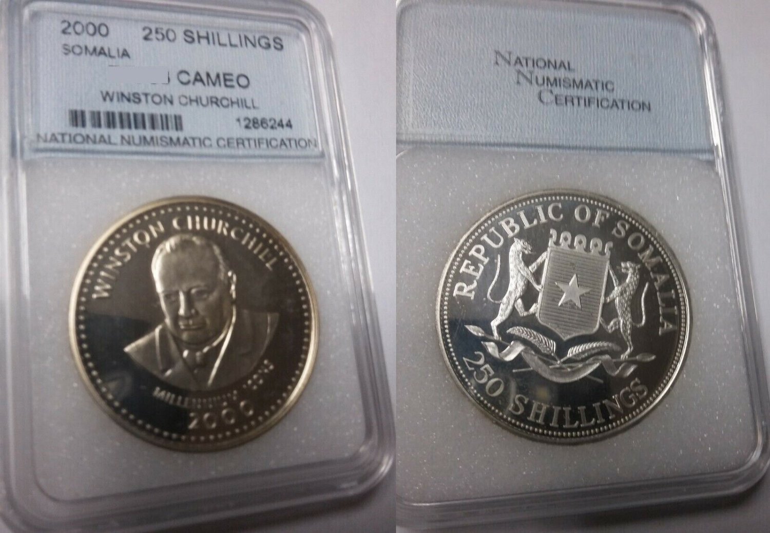 Rare 2000 Somalia Large Silver Proof 250 sh Winston Churchill-Millennium Slabbed