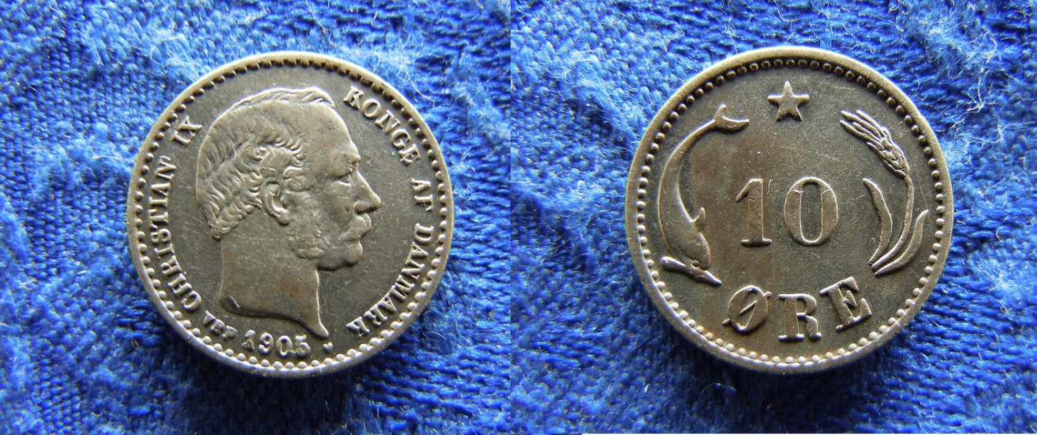1905 Denmark Silver 10 Ore-Dolphin/Wheat -Nice