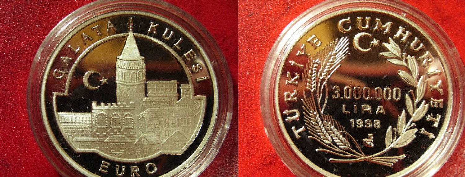 1998 Turkey Large Silver Proof 3000000 lira -Euro-Galata Tower