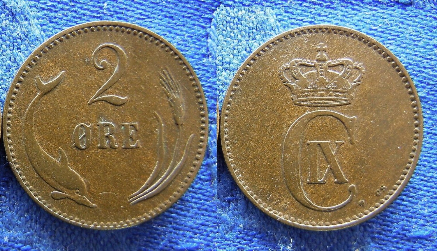 1875 Denmark 2 Ore-Dolphin/Wheat