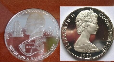 Cook Is 1973 Large Silver Proof $7.5 Captain Cook/Ship HMS Resolution