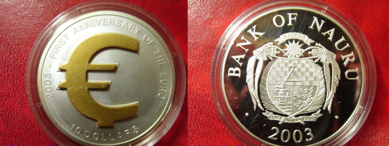 2003 Nauru Large Silver Goldplated 3D Proof 10$ Euro anniversary