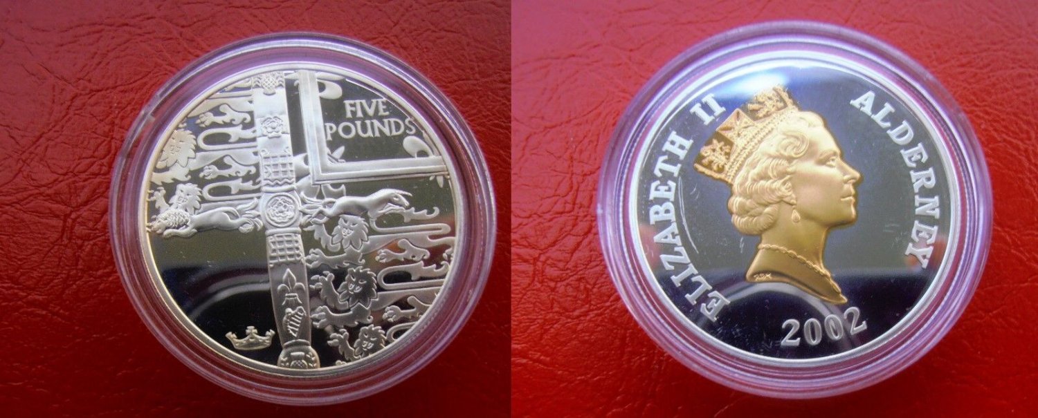 2002 Alderney Large Proof Goldplated Silver 5 pounds Golden Jubilee