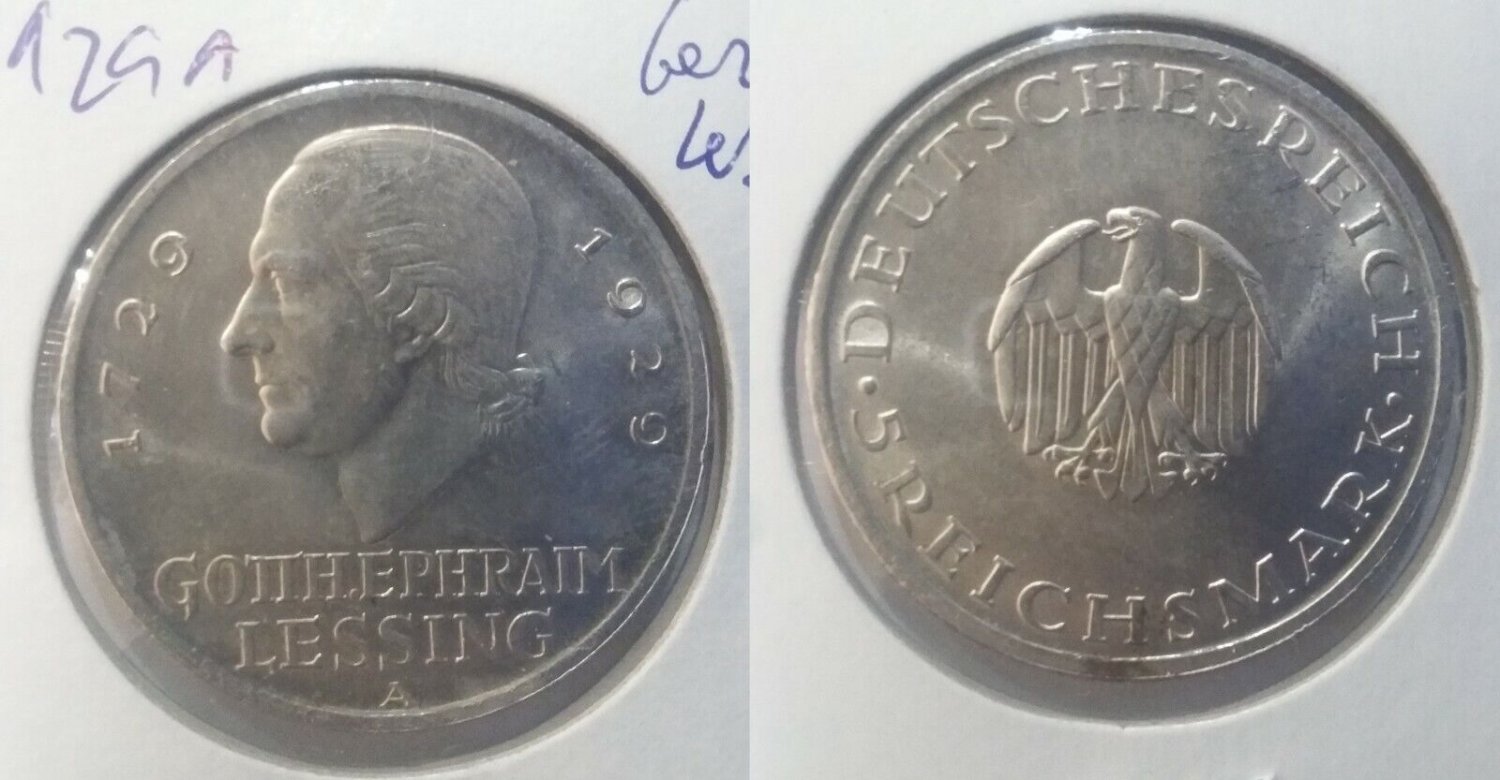 Rare 1929 A  Germany Large Silver 5 marks-Lessing- Nice #2