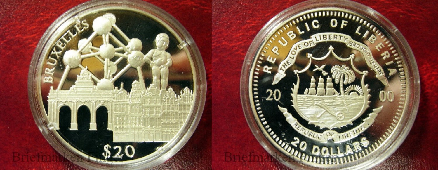 2000 Liberia Large Silver Proof $20 World Capitals- Brussels