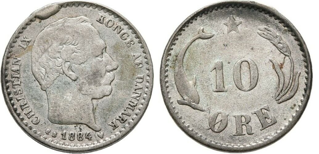 Rare 1884 Denmark Silver 10 Ore-Dolphin/Wheat- Error:Rim Cud