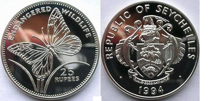 1994 Seychelles Large silver proof 25 Rupees- Butterfly